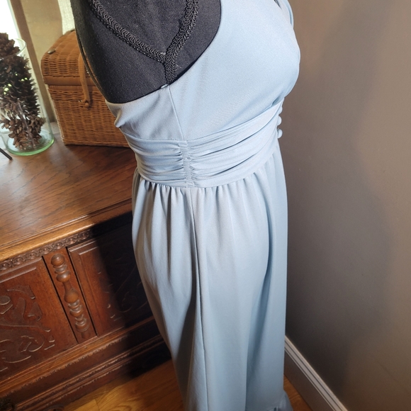 VINTAGE 70'S PALE BLUE RUFFLE HALTER CORSET WAIST MAXI DRESS - Picture 10 of 10